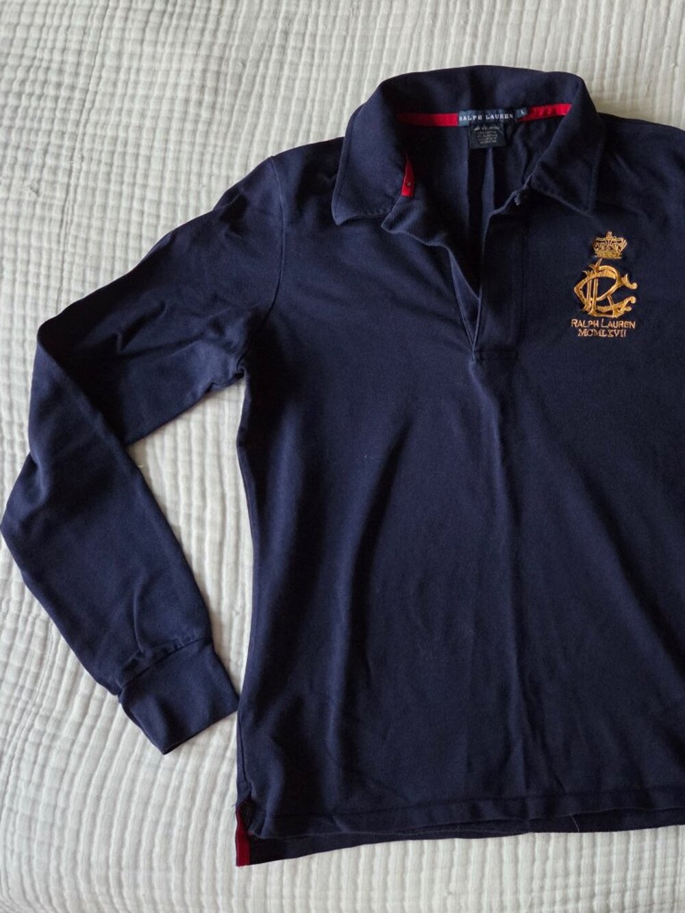 Ralph Lauren Navy Long Sleeve Polo Size L Cotton w/ gold crest - Picture 2 of 6